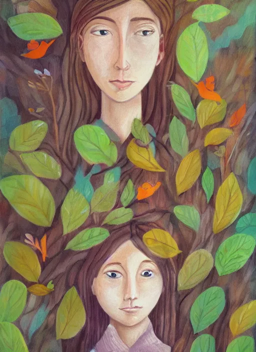 Image similar to a wonderful childrens illustration portrait painting of a woman in a forest with serene emotion, art by tracie grimwood, forest, trees, many leaves, birds, whimsical, aesthetically pleasing and harmonious natural colors