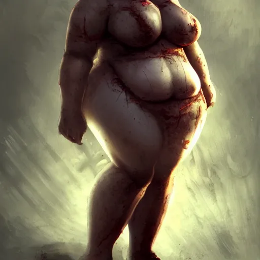 Image similar to angry extremely fat obese giant zombie female, full body portrait, with clothese, horror core, apocalyptic, feeling of grimdark, sharp focus, fiction, hyper detailed, digital art, trending in artstation, cinematic lighting, studio quality, smooth render, unreal engine 5 rendered, octane rendered, art style and nixeu and wlop and krenz cushart