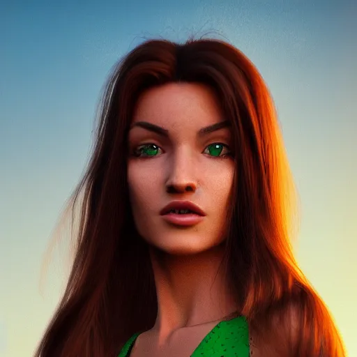 Image similar to photograph of a cute woman with bronze brown hair and vivid green eyes, golden hour, 8k, by Irakli Nadar I