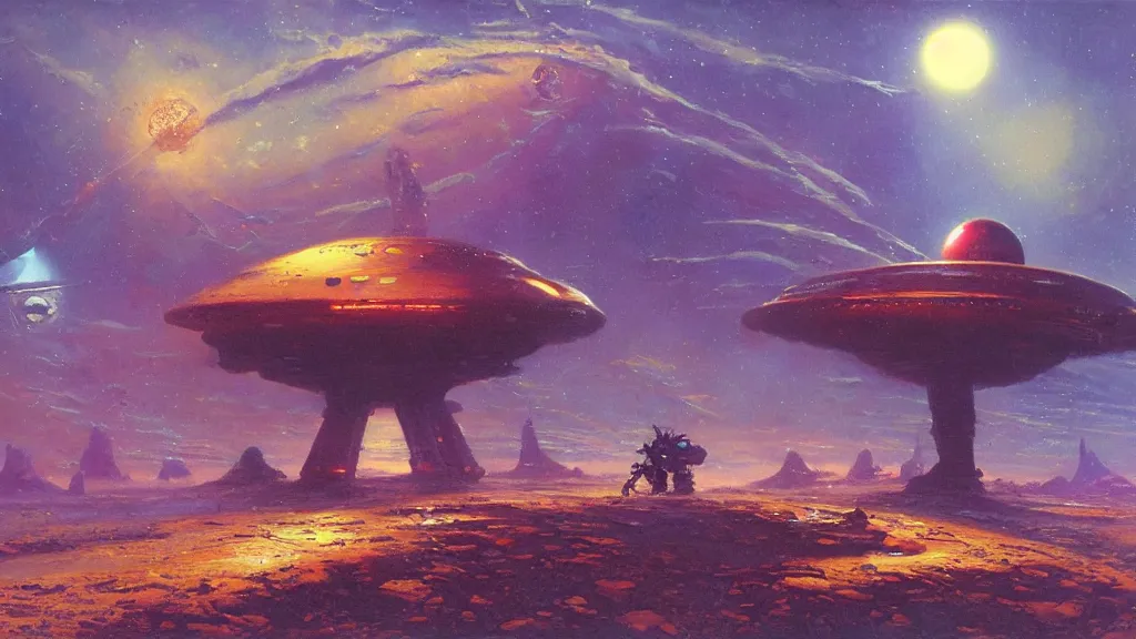 Image similar to spaceship landing on a strange eerie alien planet by Paul Lehr and Bruce Pennington