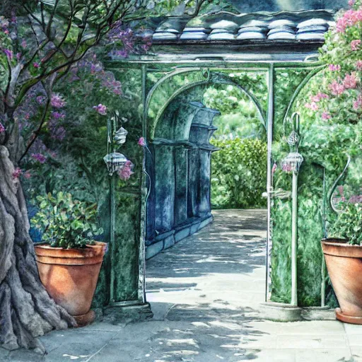 Image similar to delicate, garden, paved, botanic watercolors, iridescent, 8 k, realistic shaded, fine details, artstation, italian, chairs, iron gate, oak tree, pompeii