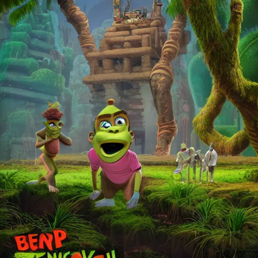 Image similar to a hybrid of jimmy neutron and shrek and donkey kong by beeple, swamp mythos, ancient monkey jungle temple, boy genius, 4 k, rendered in octane