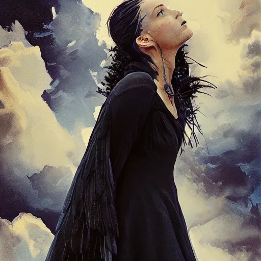 Image similar to morning, raven bird perching on the shoulder of a woman in a black dress. sun, cinematic, clouds, vogue cover style, copper and deep blue mood, realistic painting, intricate oil painting, high detail, figurative art, multiple exposure, poster art, 3 d, by simon bisley, ismail inceoglu, wadim kashin, filip hodas.