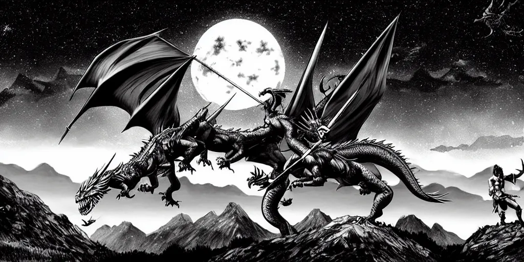 Image similar to archer fighting a dragon under the night sky in front of the mountains. dark fantasy style. epic fight. digital art. black and white. by kentaro miura