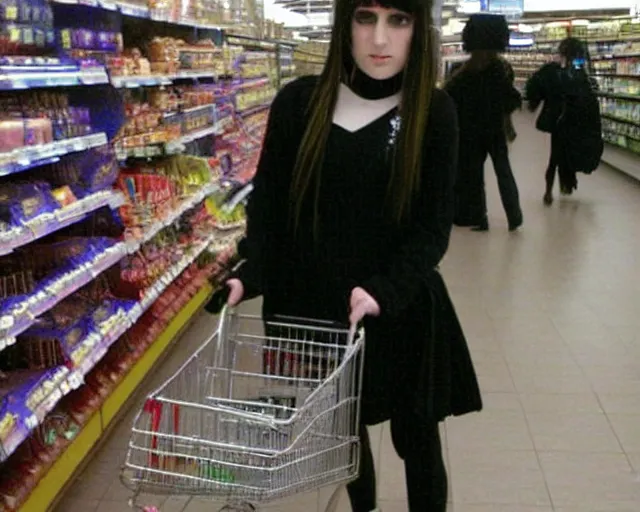 Image similar to poor quality digital photo of a goth emo girl at tesco, 2 0 0 7