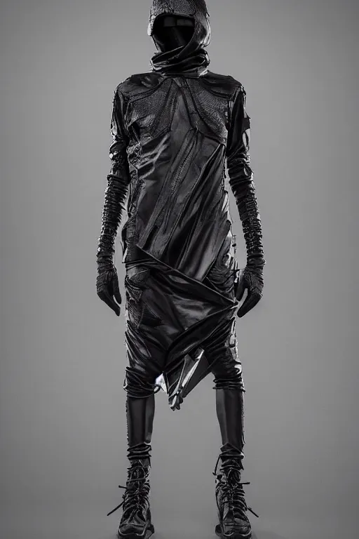 Prompt: avant garde techwear look and clothes, we can see them from feet to head, highly detailed and intricate, hypermaximalist, tonal colors, futuristic, luxury, Rick Owens, Errolson Hugh, Yohji Yamamoto, Y3, ACRNYM, cinematic outfit photo