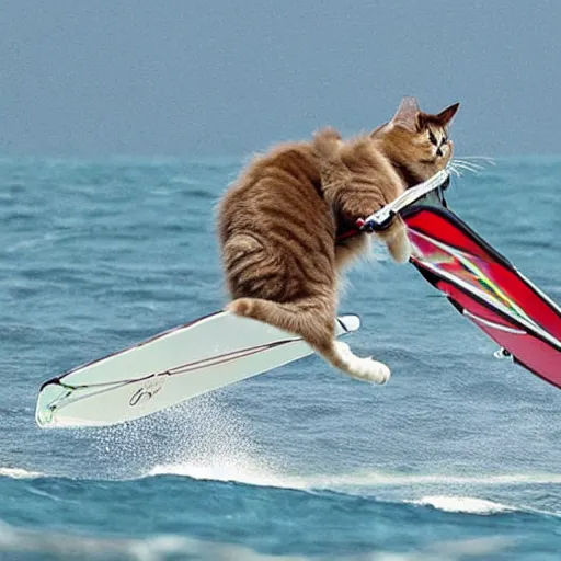 Image similar to A ragdoll cat windsurfing, cool, impressive, skilled