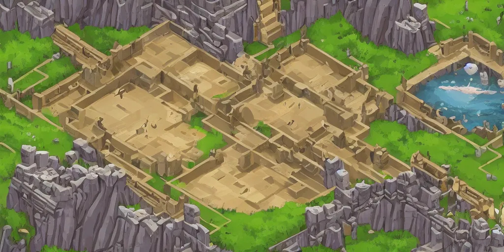 Image similar to A high detailed isometric vector art presenting an aerial view of a RPG room by Transistor, dofus, Bastion, pyre, hades, Patreon content, containing tables and walls, HD, straight lines, vector, grid, dnd map, map patreon, fantasy maps, foundry vtt, fantasy grounds, aerial view ,dungeondraft , tabletop, inkarnate, dugeondraft, roll20