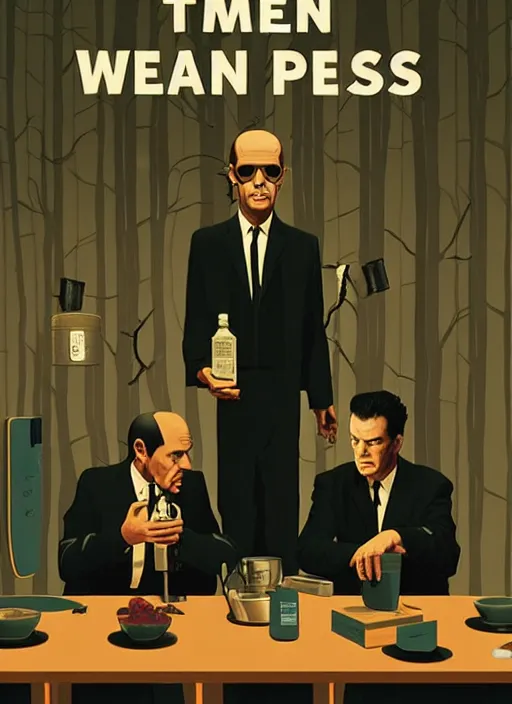 Image similar to poster artwork by Michael Whelan and Tomer Hanuka, of the Men in Black, from scene from Twin Peaks, clean