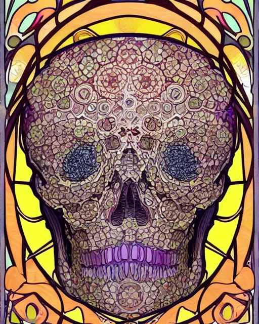 Prompt: skull carving art, cell shading, voronoi,fibonacci sequence, sacred geometry by Alphonse Mucha, Moebius, hiroshi yoshida, Art Nouveau, colorful, ultradetailed, vivid colour, 3d