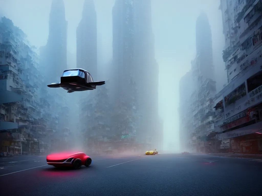 Prompt: movie still of a flying car in the middle of a foggy hong kong street, artstation, volumetric light, high detail, reflections, perfect, concept art, hdr, 8 k