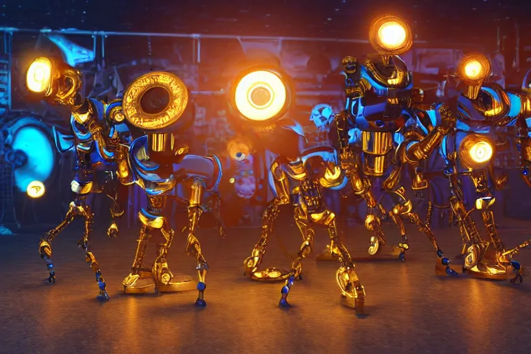 Image similar to a queue of 7 golden and blue metal humanoid steampunk robots dancing on a concert stage, robots are wearing and gears and tubes, eyes are glowing red lightbulbs, shiny crisp finish, 3 d render, 8 k, insaneley detailed, fluorescent colors, nightlight