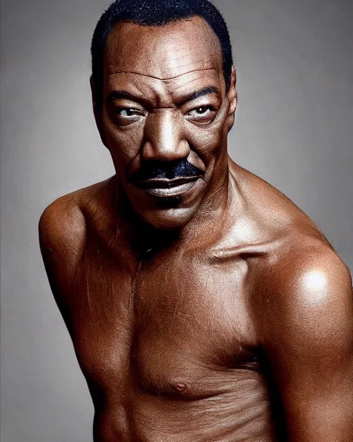 Prompt: actor Eddie Murphy in Elaborate Pan Satyr Goat Man Makeup and prosthetics designed by Rick Baker, Hyperreal, head shots in the style of Annie Leibovitz