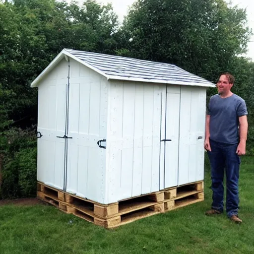 Image similar to man in a white dress builds a wooden shed out of pallets