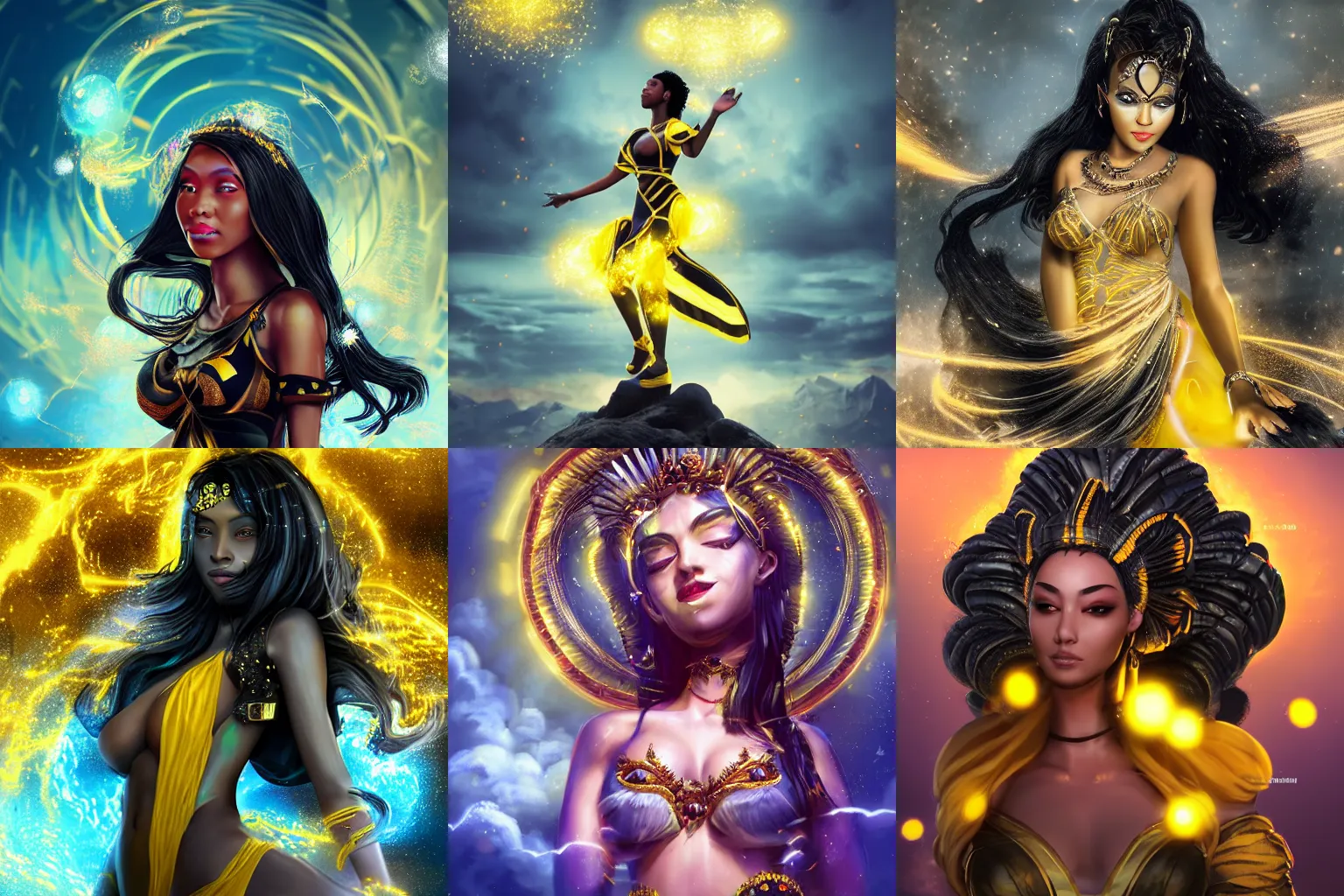 Prompt: a beautiful female goddess of the black and yellow character, character is in all its glory, character is in her natural relaxed pose, rim lights, particles and dust in the air, fancy clouds, highly detailed professional photo, dynamic lights, particles are flying, depth of field, trending on artstation, professional illustration, hyper realistic, vray caustics, super detailed, colorful accents, cinematic shot