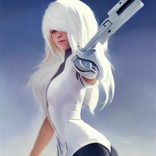 Prompt: greg manchess portrait painting of a 2 yorha type a no. 2 as overwatch character, white long hair, medium shot, asymmetrical, profile picture, organic painting, sunny day, matte painting, bold shapes, hard edges, street art, trending on artstation, by huang guangjian and gil elvgren and sachin teng