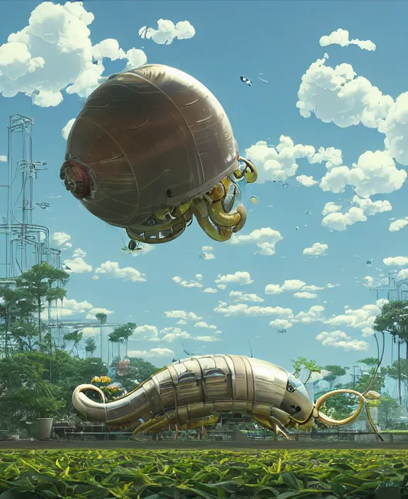 Image similar to simplicity, inflated industrial plant made from isopod wasp octopus, in the style of spaceship, overgrown with orchids, partly cloudy, somber, dramatic lighting, by geof darrow, bill sienkiewicz, dan mumford, yusuke murata, makoto shinkai, ross tran, cinematic, unreal engine, cel shaded, featured on artstation, pixiv