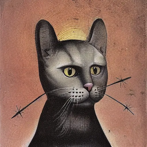 Image similar to stunning portrait of the cat of cheshire by hieronymus bosch