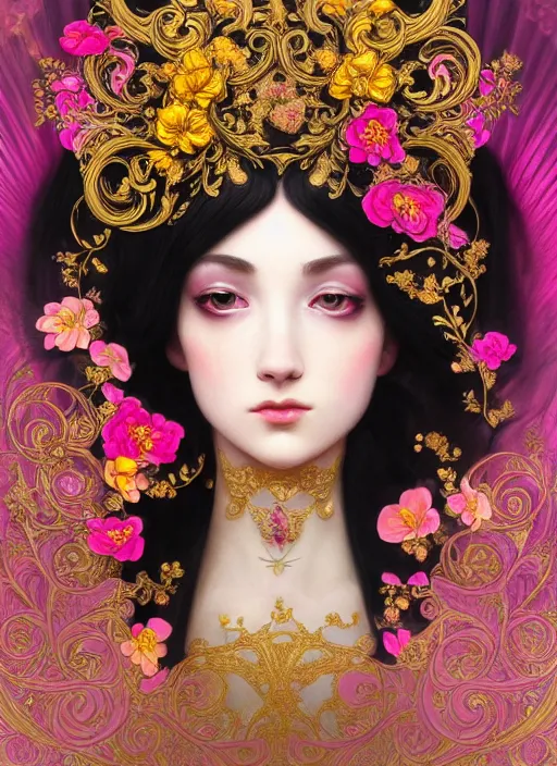 Image similar to beautiful black pink yellow, complicated gold and pink flowers in baroque style headwears, dark fantasy, intricate, elegant, highly detailed, digital painting, artstation, highly saturated colors, concept art, matte, 3 d 8 k octane rendered, sharp focus, illustration, octane rendered, art by artgerm and alphonse mucha, leesha hannigan