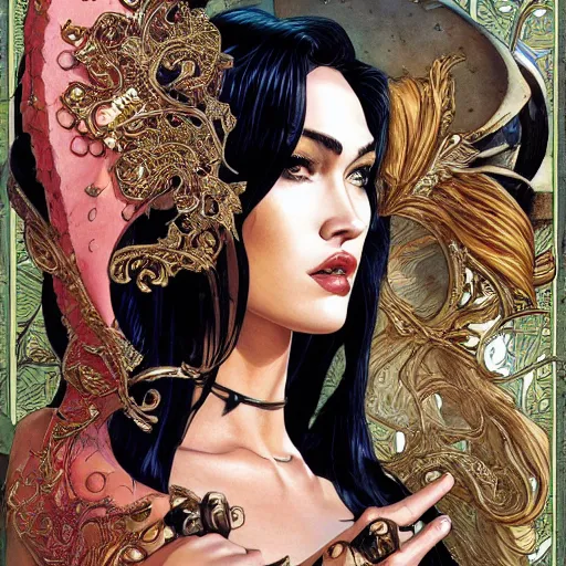 Prompt: portrait of megan fox wearing venetian mask and clothes, symmetrical, by yoichi hatakenaka, masamune shirow, moebius and dan mumford, ayami kojima, takato yamamoto, barclay shaw, karol bak, yukito kishiro, mucha