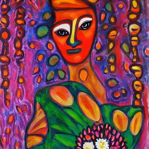 Prompt: a painting of a woman holding a bouquet of flowers, an ultrafine detailed painting by john backderf, trending on deviantart, psychedelic art, psychedelic, oil on canvas, impressionism, a cubist painting by friedensreich hundertwasser, metaphysical painting, hall of mirrors, fauvism, maximalist