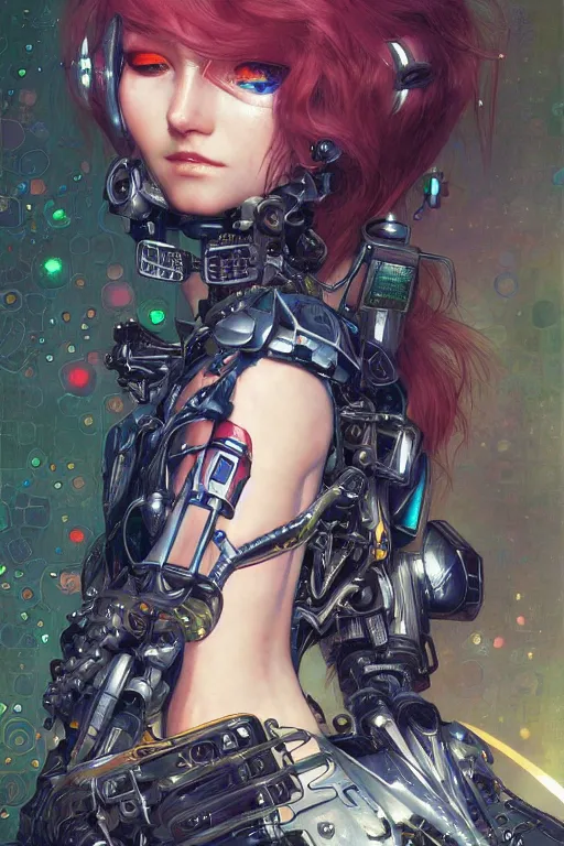 Image similar to portrait of beautiful young fairy cyborg, cyberpunk, Warhammer, highly detailed, artstation, illustration, art by Gustav Klimt and Range Murata and Ilya Kuvshinov and Sakimichan