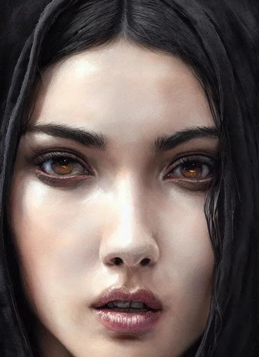 Prompt: a teenage fit girl with very short black hair and a huge cloak made of black fur. beautiful highly detailed face. beautiful painting by artgerm and greg rutkowski and raymond swanland, detailed portrait, closeup