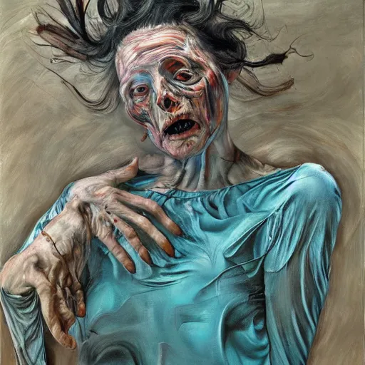 Image similar to high quality high detail painting by lucian freud and jenny saville, hd, crazy demonic witch, turquoise