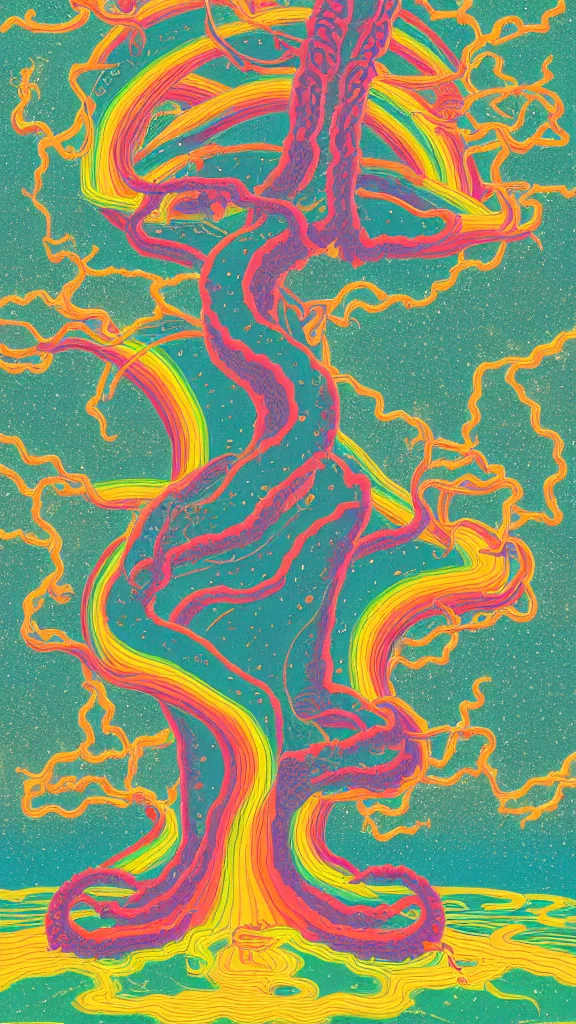 Image similar to a portrait of a lernaean hydra with human heads on an acid trip in a multicoloured rainbow in the cosmos, flat design, screen print by Kawase Hasui and dan hillier, 8k unreal engine