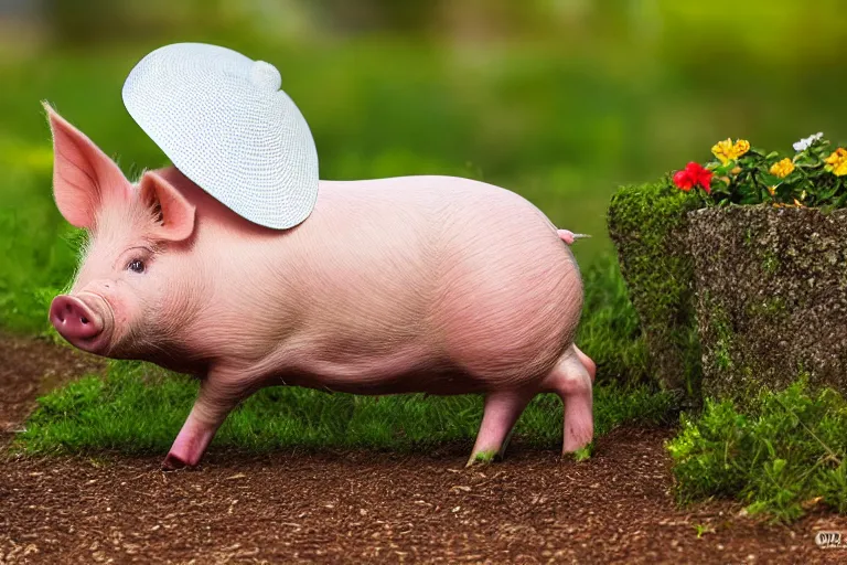 Prompt: a pig wearing a sunhat!!! garden! hyper realistic!! realistic lighting!! wildlife photographer of the year!!! bold natural colors, national geographic, hd, wide angle, 8 k