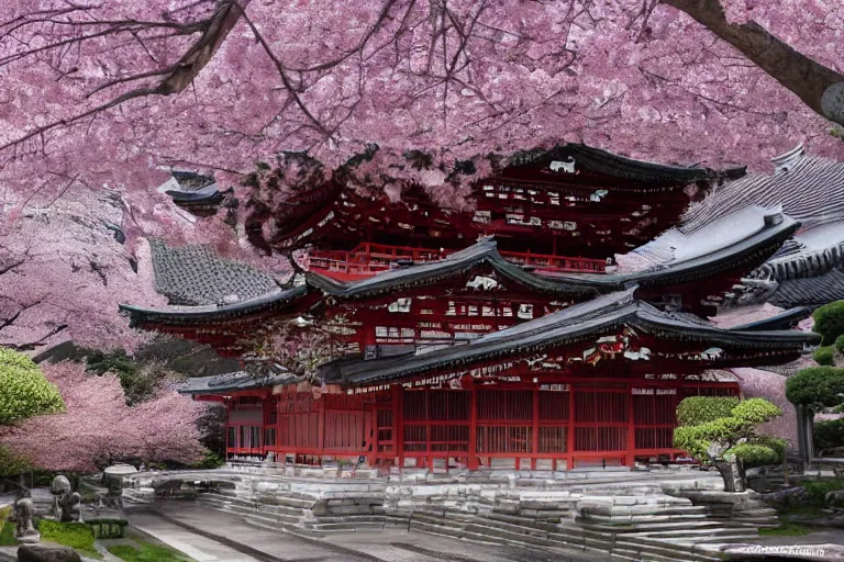 Image similar to hyperdetailed ancient japanese temple in the infinite flowerpunk sakura tree, cinematic highly detailed artstation hyperstylized illustrated by moebius and yoshitaka amano