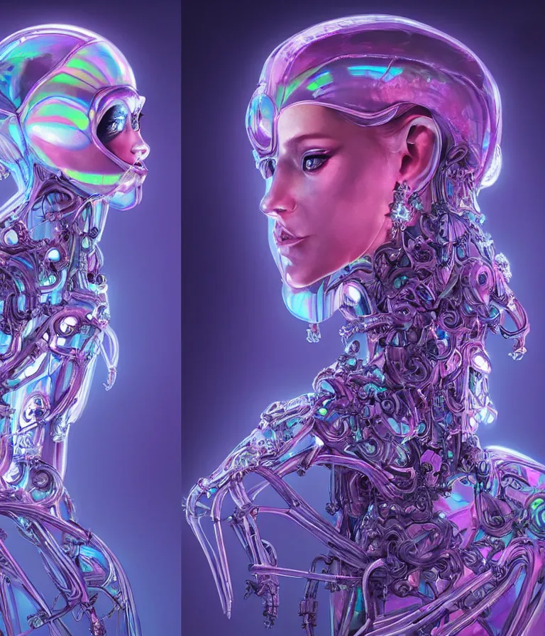Prompt: fully symmetrical centered iridescent portrait of a beautiful princess in robe. artificial muscles, ribcage, bones, hard surface modelling. cyberpunk look. biomechanical mask. bio luminescent biomechanical halo around head. neon jellyfish. artwork by jarold Sng by artgerm, by Eddie Mendoza, by Peter mohrbacher by tooth wu, unreal engine, octane render, cinematic light, high details, iridescent colors, dichroic, macro, depth of field, blur