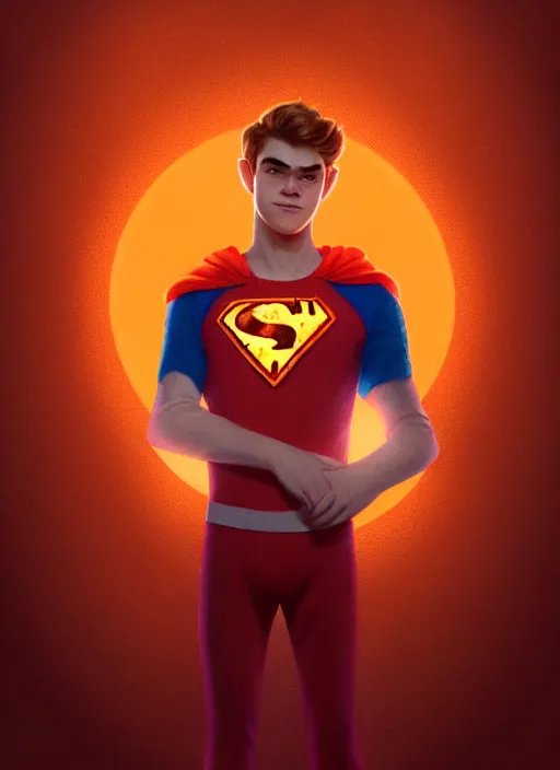 Image similar to kind teenage archie andrews wearing an orange superhero costume, freckles, superhero costume with heart emblem, cape, intricate, elegant, glowing lights, highly detailed, digital painting, artstation, sharp focus, illustration, art by wlop, mars ravelo and greg rutkowski