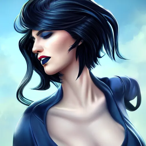 Image similar to a stunning upper body portrait of a beautiful woman with navy blue tinted black hair blowing in the wind by marvel comics, digital art, trending on artstation