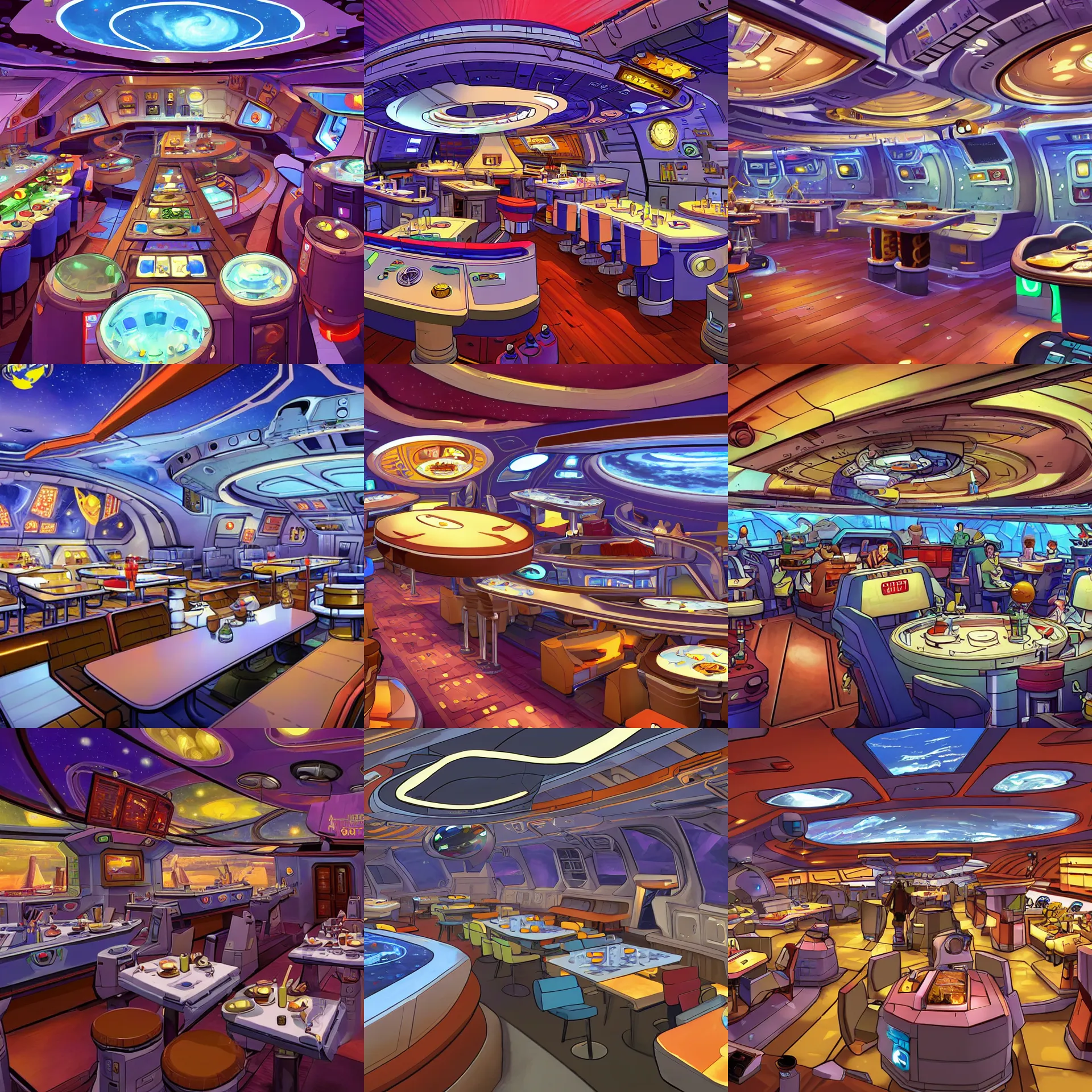 Prompt: the crew restaurant onboard a spaceship, from a space themed lucasarts point and click 2 d graphic adventure game, art inspired by thomas kinkade