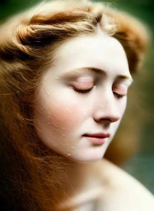 Image similar to Kodak Portra 400, 8K, soft light, volumetric lighting, highly detailed, sharp focus,britt marling style 3/4, Close-up portrait photography of a beautiful woman how pre-Raphaelites a woman with her eyes closed is surrounded by water + almost the entire face is immersed in water. a beautiful lace dress and hair are intricate with highly detailed realistic beautiful flowers , Realistic, Refined, Highly Detailed, natural outdoor soft pastel lighting colors scheme, outdoor fine art photography, Hyper realistic, photo realistic