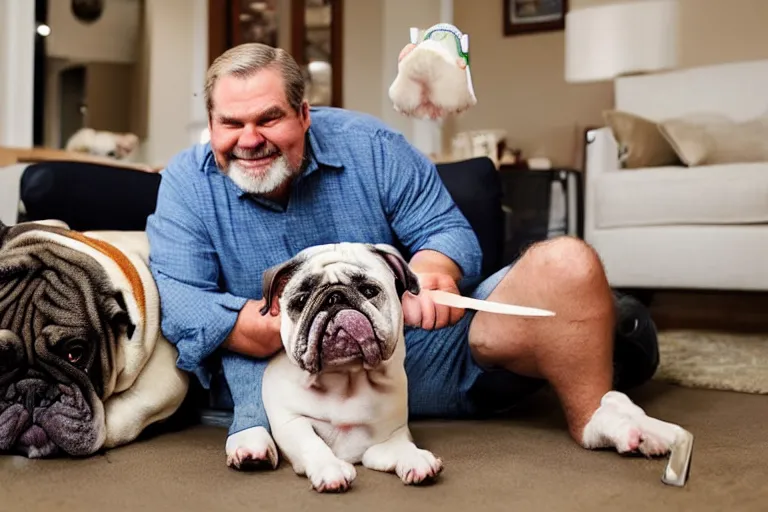 Prompt: a graying middle aged homless man playing xbox and petting an english bulldog wearing a crown, dog wearing a crown