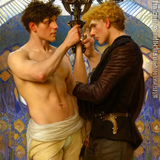 Image similar to manly arthur pendragon and manly merlin. focus on their faces. natural lighting. highly detailed painting by gaston bussiere, j. c. leyendecker, alphonse mucha, greg rutkowski, 8 k