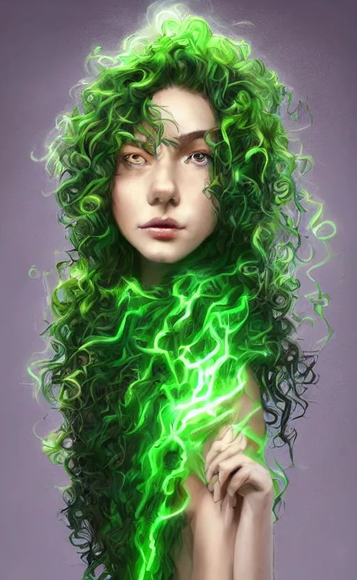 Image similar to a young woman with wild, curly hair and bright green eyes. she's wearing a flowing dress made of light, airy fabric and she has a mischievous look on her face, dynamic lighting, photorealistic fantasy concept art, trending on art station, stunning visuals, creative, cinematic, ultra detailed