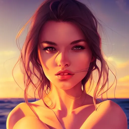 Prompt: symmetry!!!!!!!! portrait of beautiful woman on the beach, hazel eyes, sunset, highly detailed, sharp focus, warm lighting, trending on artstation, by wlop, rossdraws, artgerm.