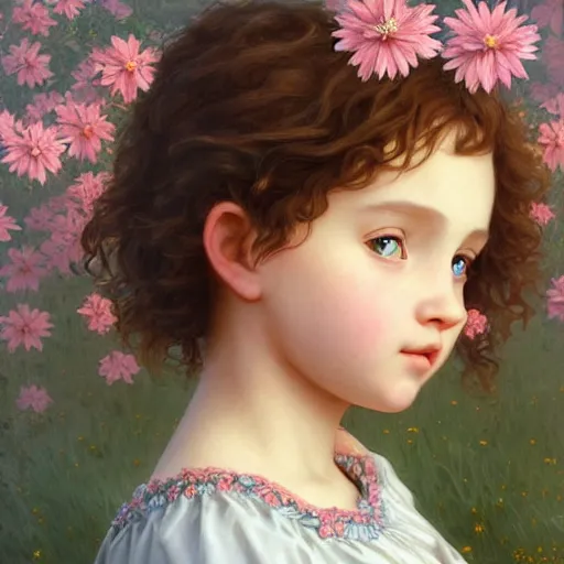 Image similar to a painting of a little girl with short wavy curly light brown hair and blue eyes, sitting in a field of flowers. beautiful detailed face line art by ilya kuvshinov and raymond swanland and bouguereau