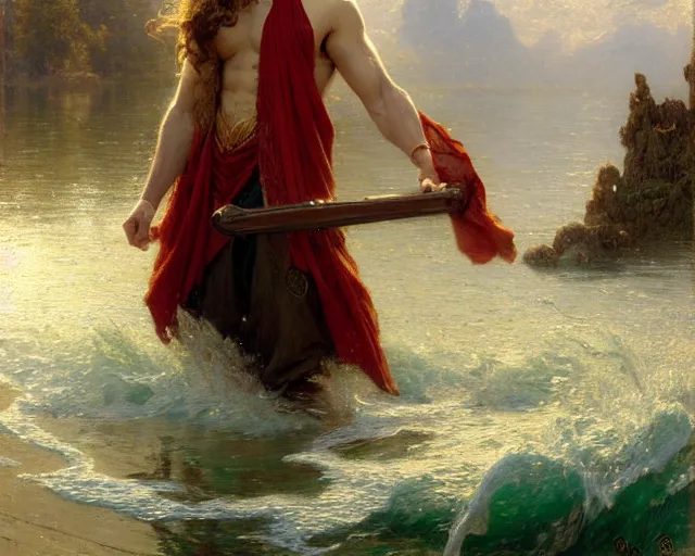 Image similar to attractive male wizard casting powerful wave water spell in a beautiful lake. highly detailed painting by gaston bussiere, craig mullins, j. c. leyendecker 8 k