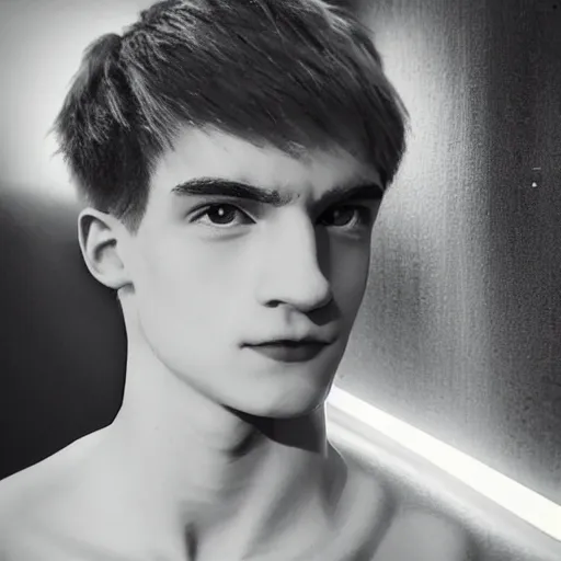 Image similar to “a realistic detailed photo of a guy who is an attractive humanoid who is half robot and half humanoid, who is a male android, twitch streamer Ninja Tyler Blevins, shiny skin, posing like a statue, blank stare, bedroom, close up”