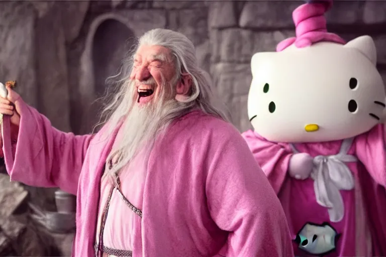 Prompt: fat, slouching scruffy-looking Gandalf wearing pink Hello kitty costume, laughing, meets tall regular stern-looking Gandalf the white, dramatic lighting, movie still from Lord of the Rings, cinematic