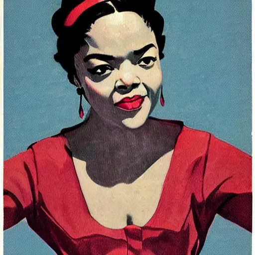 Image similar to “Tessa Thompson portrait, color vintage magazine illustration 1950”