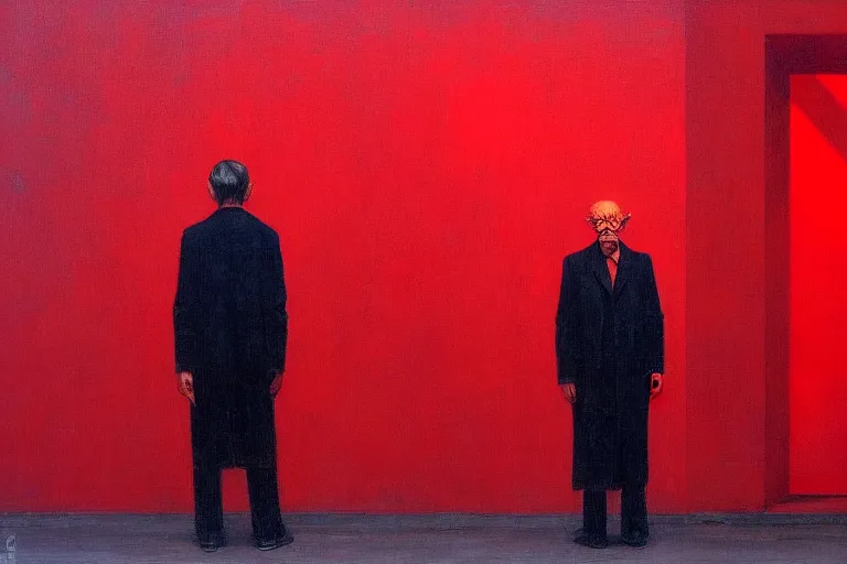 Image similar to only with red, a red old stylish man try to sell a portrait, crowd cheering, in a city square, in the style of beksinski, parts by edward hopper, parts by rodcenko, parts by yue minjun, intricate and epic composition, red by caravaggio, insanely quality, highly detailed, masterpiece, red light, artstation, 4 k