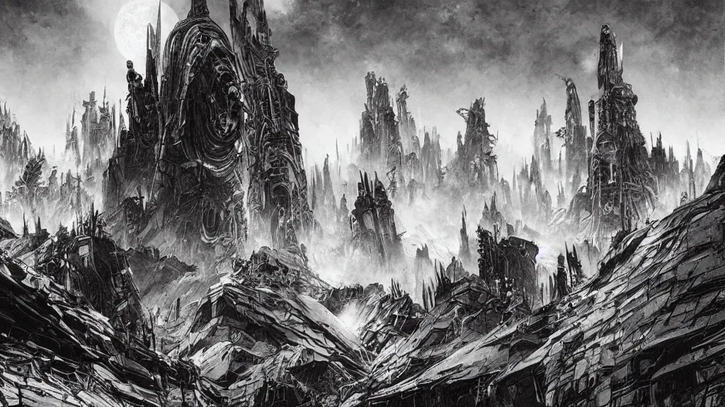 Image similar to post apocalypse remnants of civilization, eerie atmospheric, by tsutomu nihei, gerald brom and vincent di fate, epic cinematic matte painting