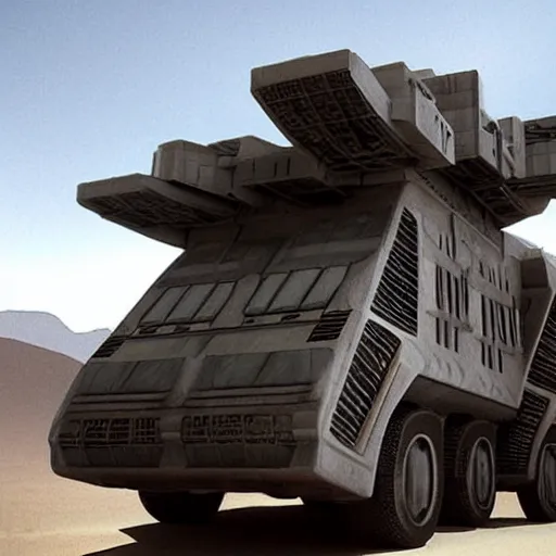 Image similar to Sci-Fi industrial futuristic Brutalism huge carrier vehicle desert