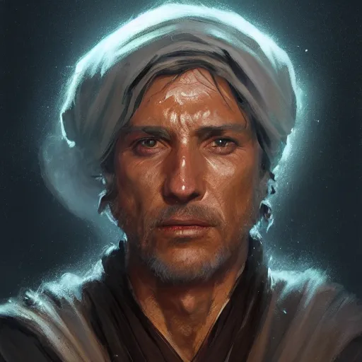 Prompt: portrait of a man by greg rutkowski, jedi master, arabian features, messy long black hair, wearing orange jedi robes, star wars expanded universe, he is about 6 0 years old, highly detailed portrait, digital painting, artstation, concept art, smooth, sharp foccus ilustration, artstation hq