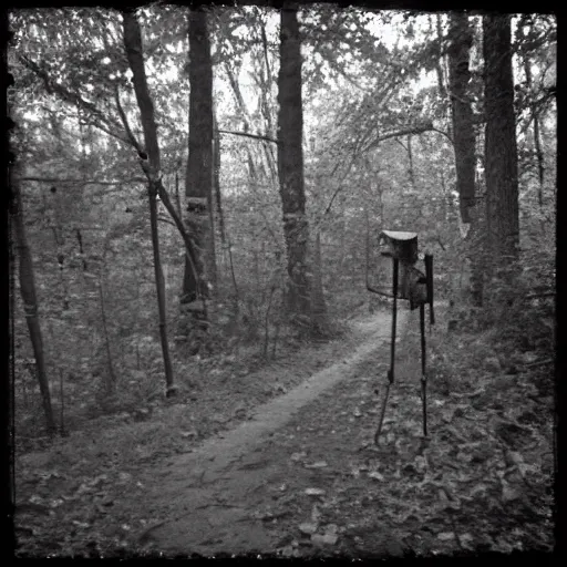 Image similar to trail _ camera _ photo _ of _ a _ minion _ in _ the _ woods _ realistic _ spooky _ grimdark _ night _ black _ and _ white